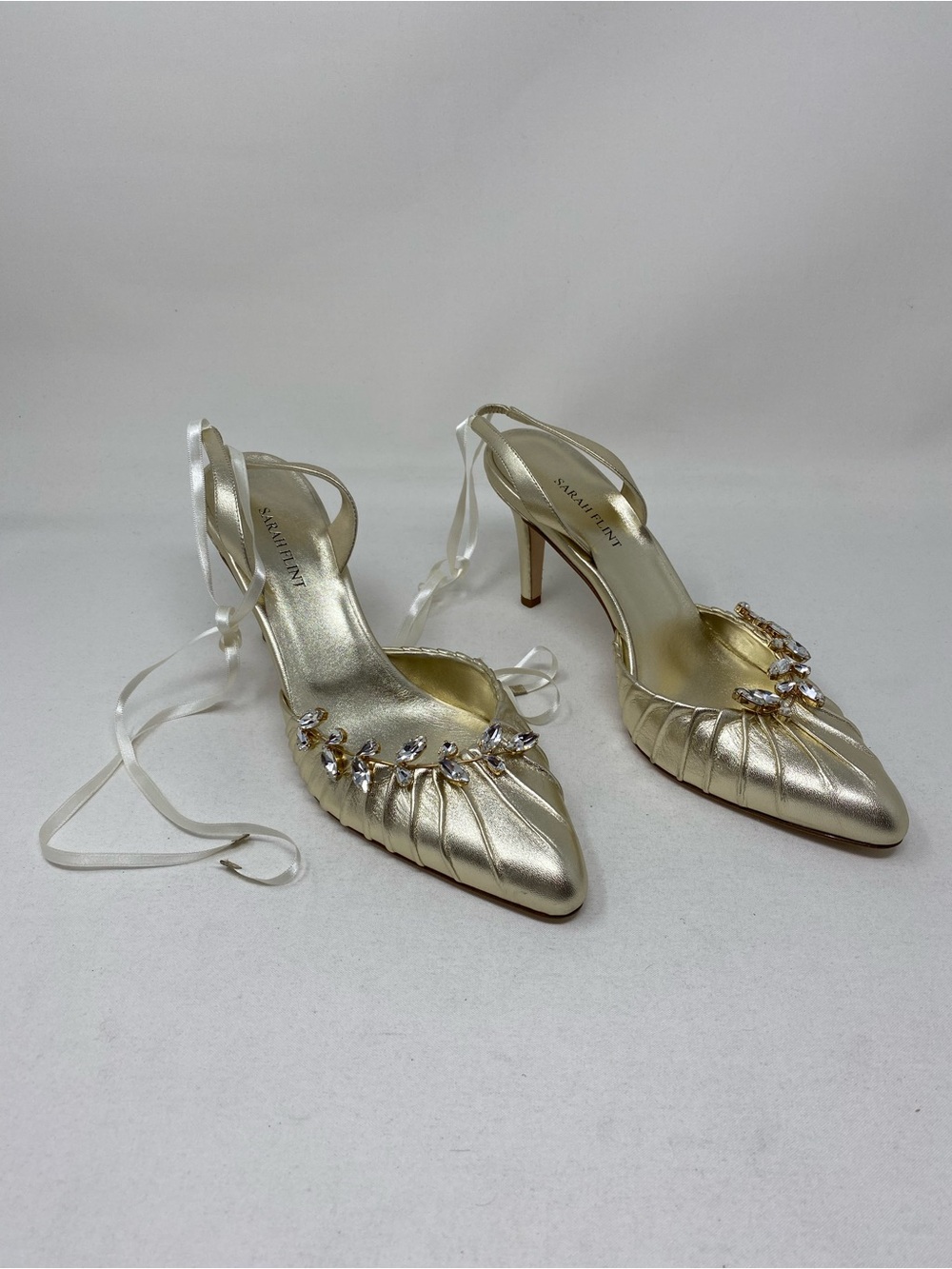 Sarah Flint Metallic Gold Crystal-Embellished Pointed Slingbacks Size 40